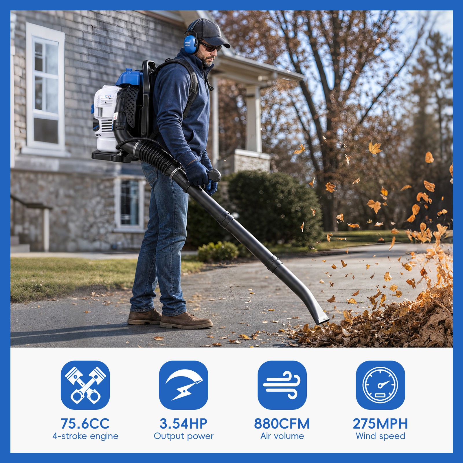 Leaf Blower 75.6CC 4-Stroke Backpack Gas Powered Leaf Blower 275MPH Wind Speed