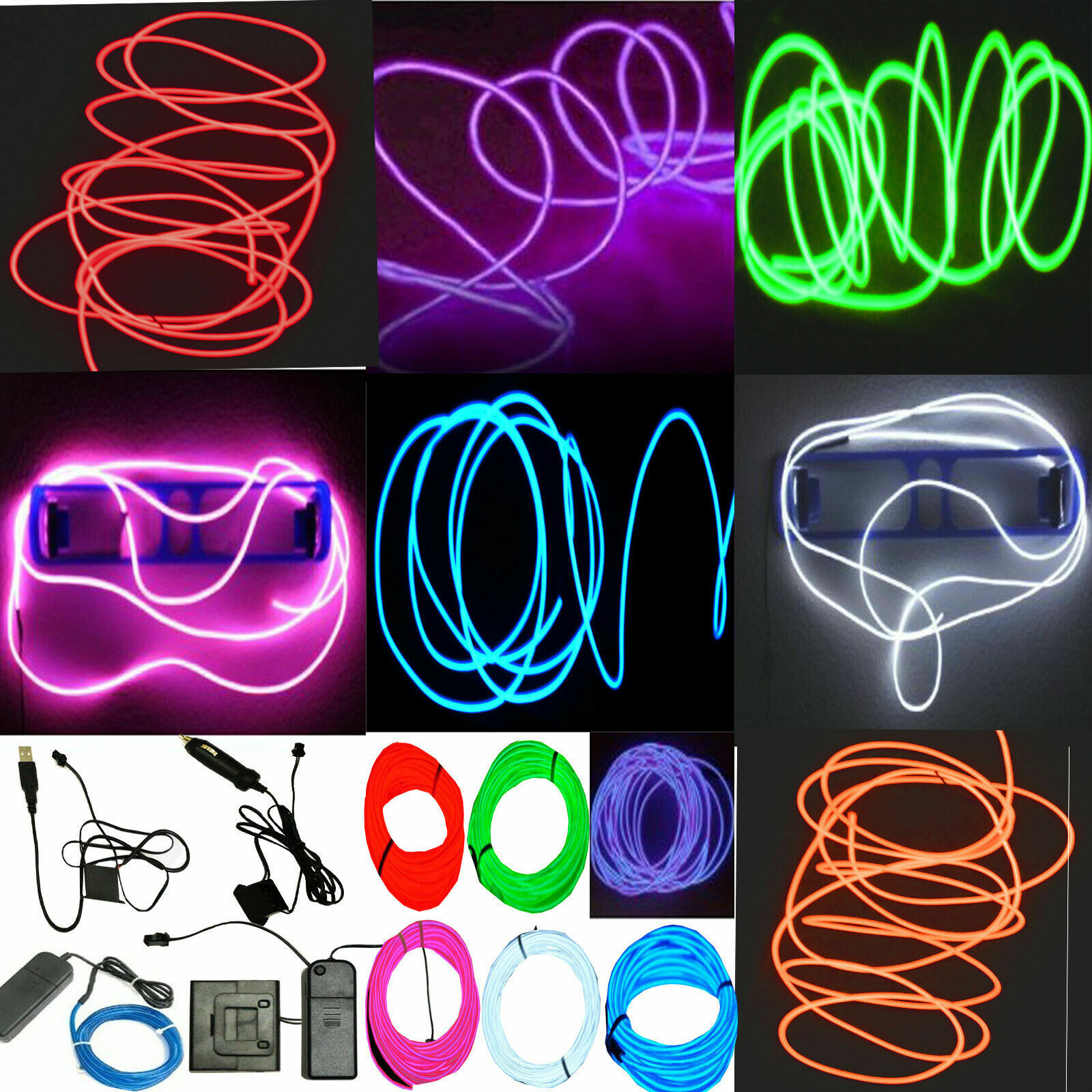 Neon LED Light Glow EL Wire String Strip Rope Tube Decor Car Party + Controller