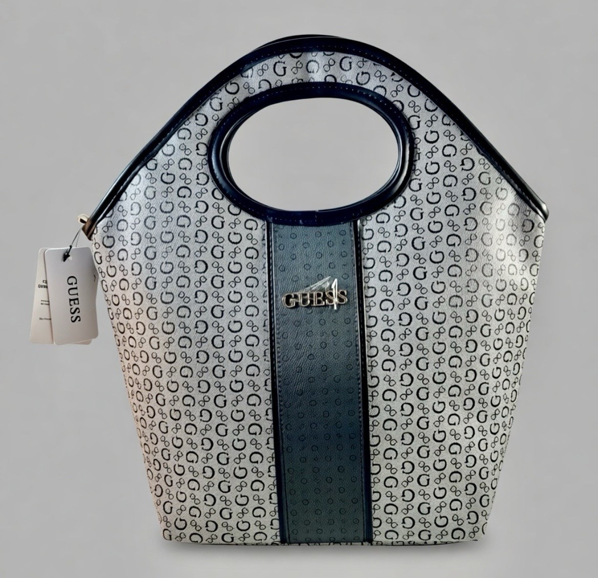 Guess Lunch Tote Bag Purse Insulated NWT Gray & Black Cut Out Handle Ergonomic