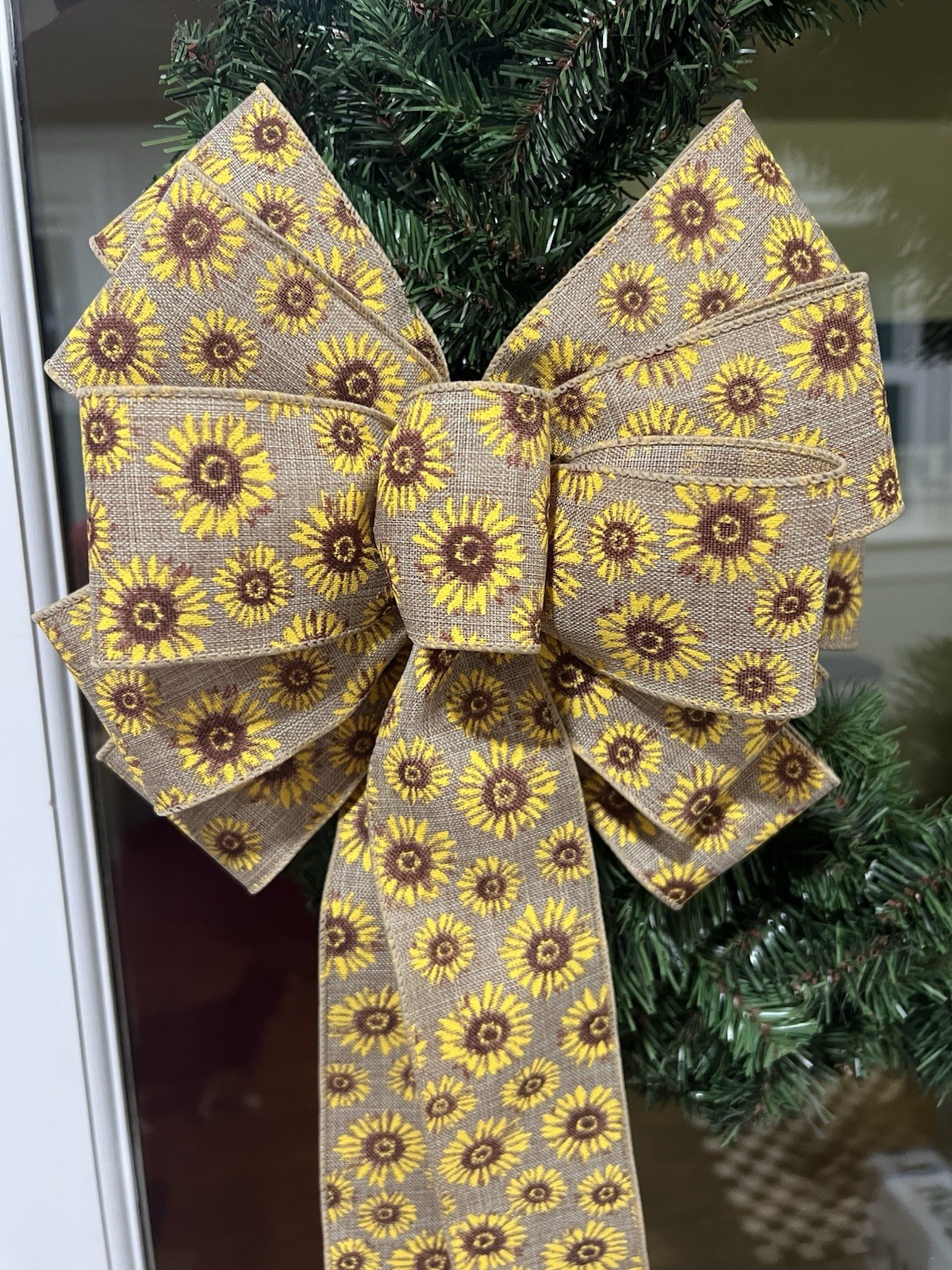 Handmade Large Spring Summer Fall Sunflower Bow 10 x 16 Tan Yellow Brown Flowers