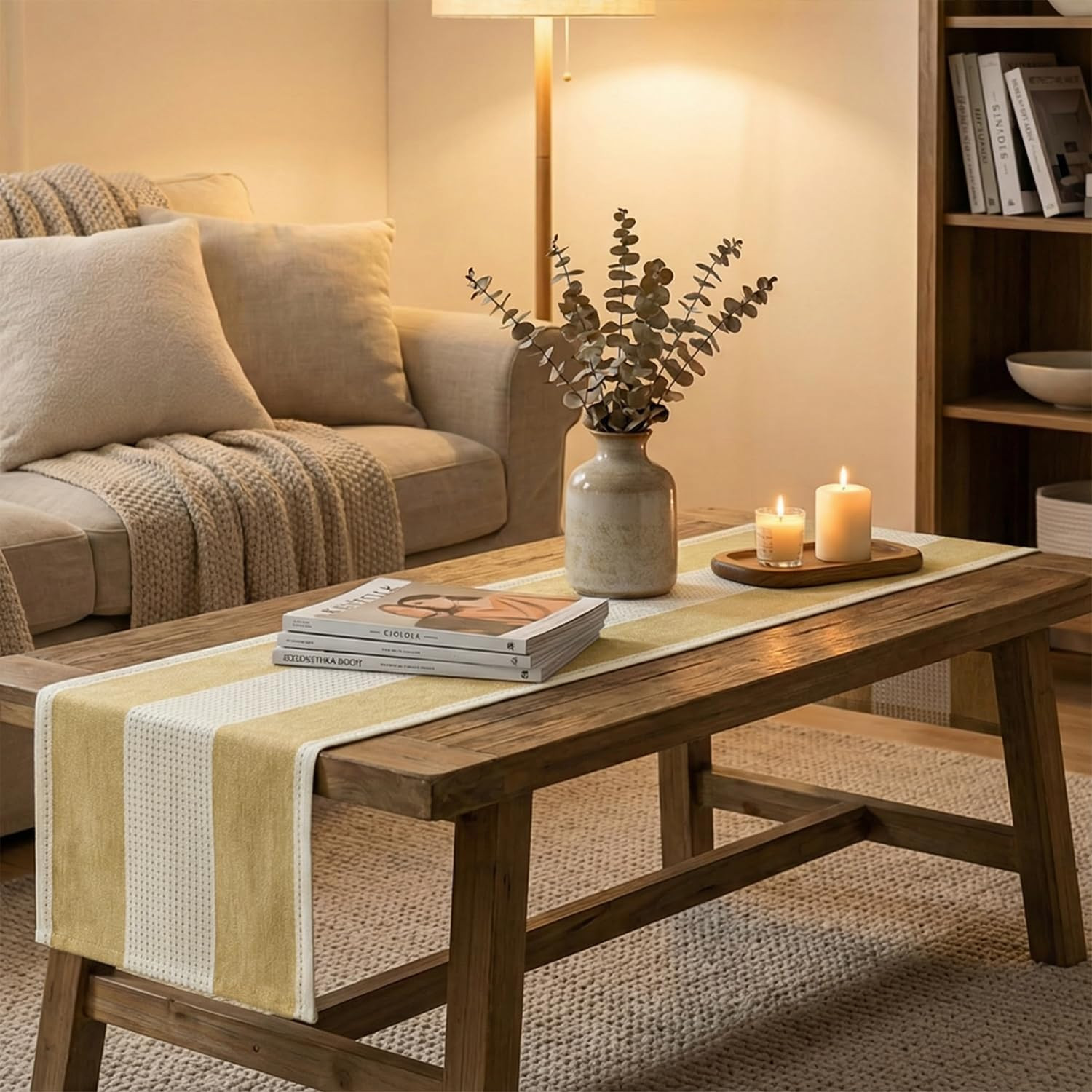Light Yellow Farmhouse Rustic Table Runner，13X72 Inch Seasonal Fabric Kitchen Di