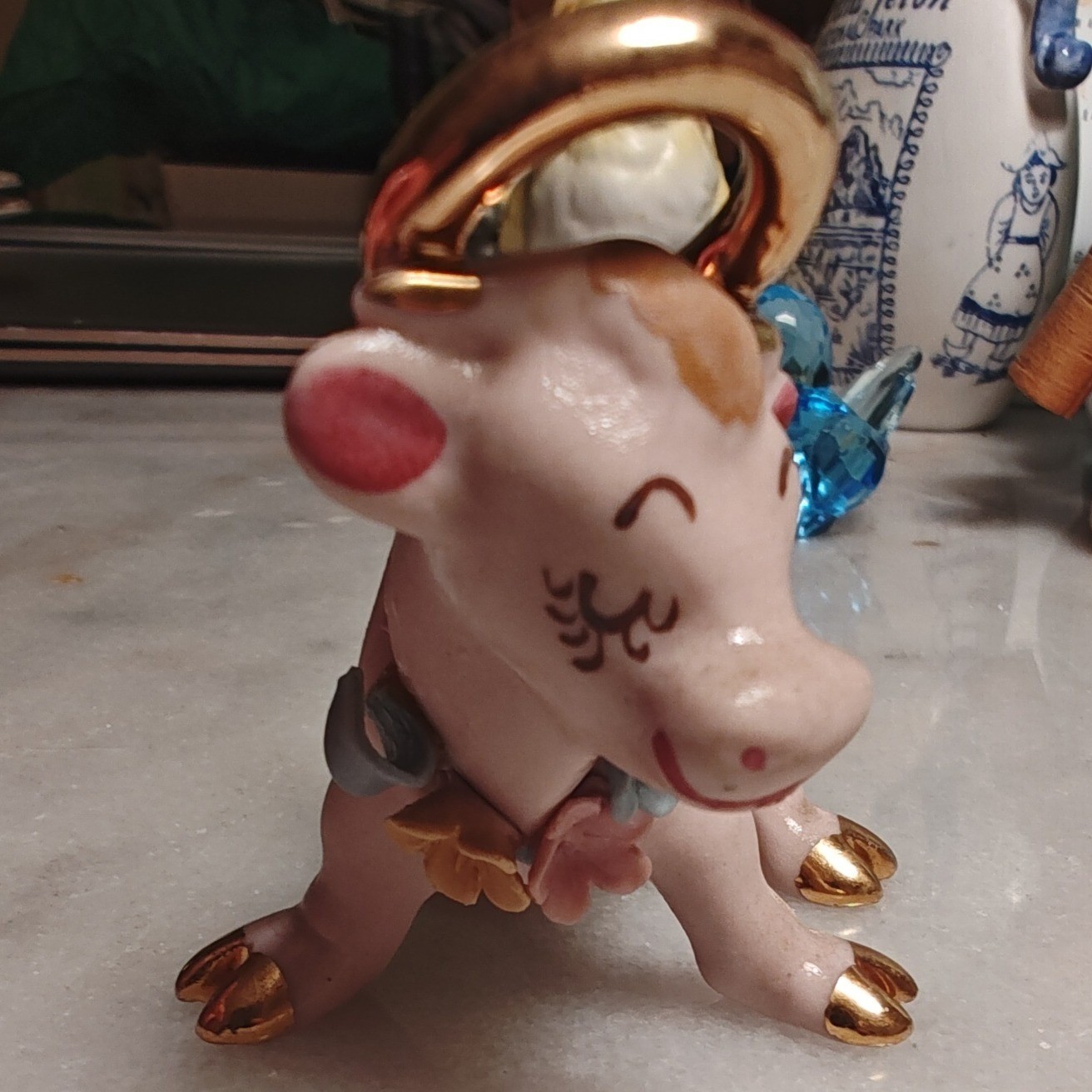 Vintage Walker Renaker 1950s Pink Bisque Holy Cow Figurine Flowers Halo Bessy