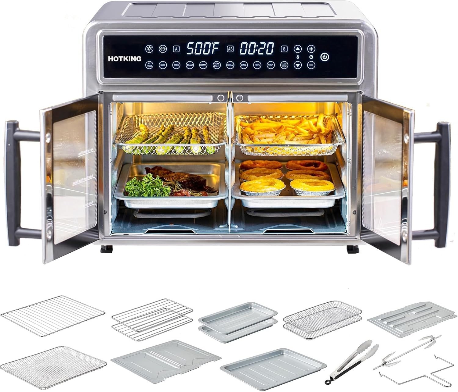 Hotking 28QT Dual-Zone Air Fryer Oven With Rotisserie 500°F Sync Function 10 Acc
