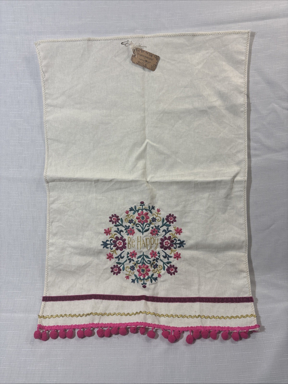 Embroidered “Be Happy” Linen Tea Towel Pink Trim NWT