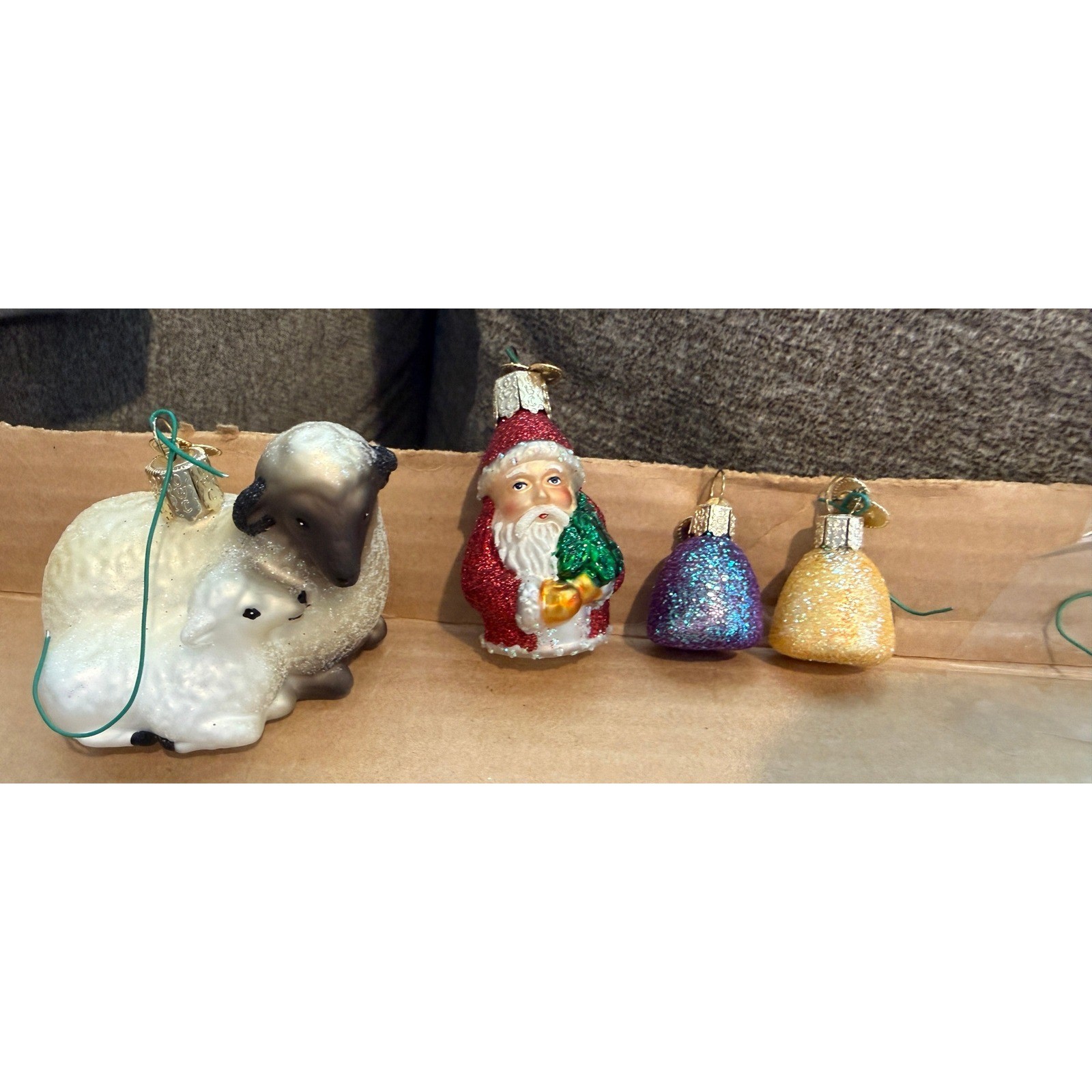 Old World Christmas Glass Ornaments Lot Ewe Lamb Santa Glitter Shapes 4pc Set