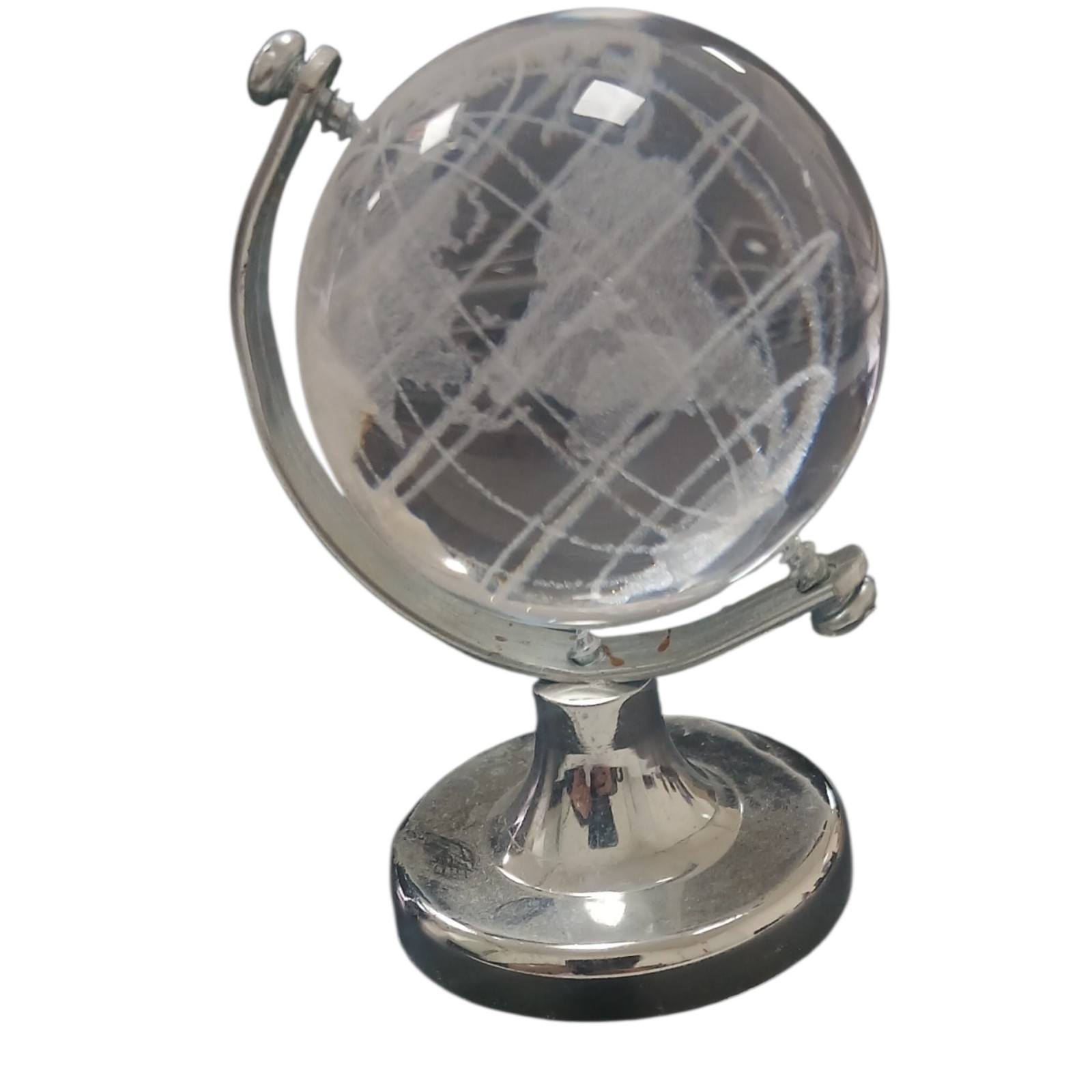 Mini Glass World Globe Silver Tone Crystal Desk Decor Collectible Gift
