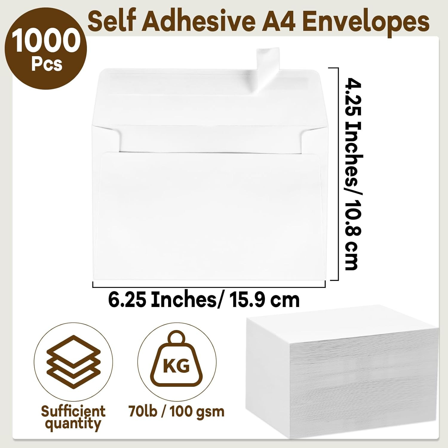1000pcs White A4 Self-Adhesive Envelopes 4.25×6.25in Bulk Invitation Mailers