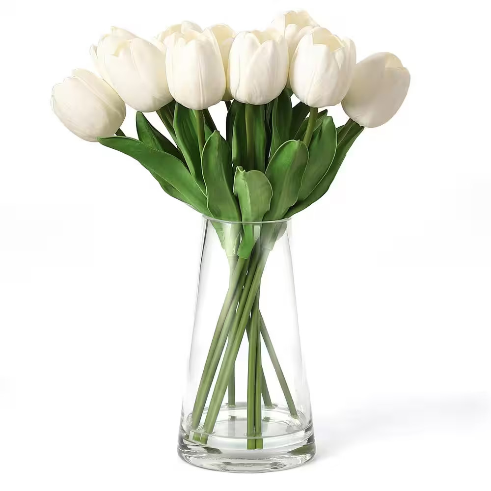13.78 In. White Silk Tulip Bouquet in Clear Glass Vase – Artificial Flower Arran