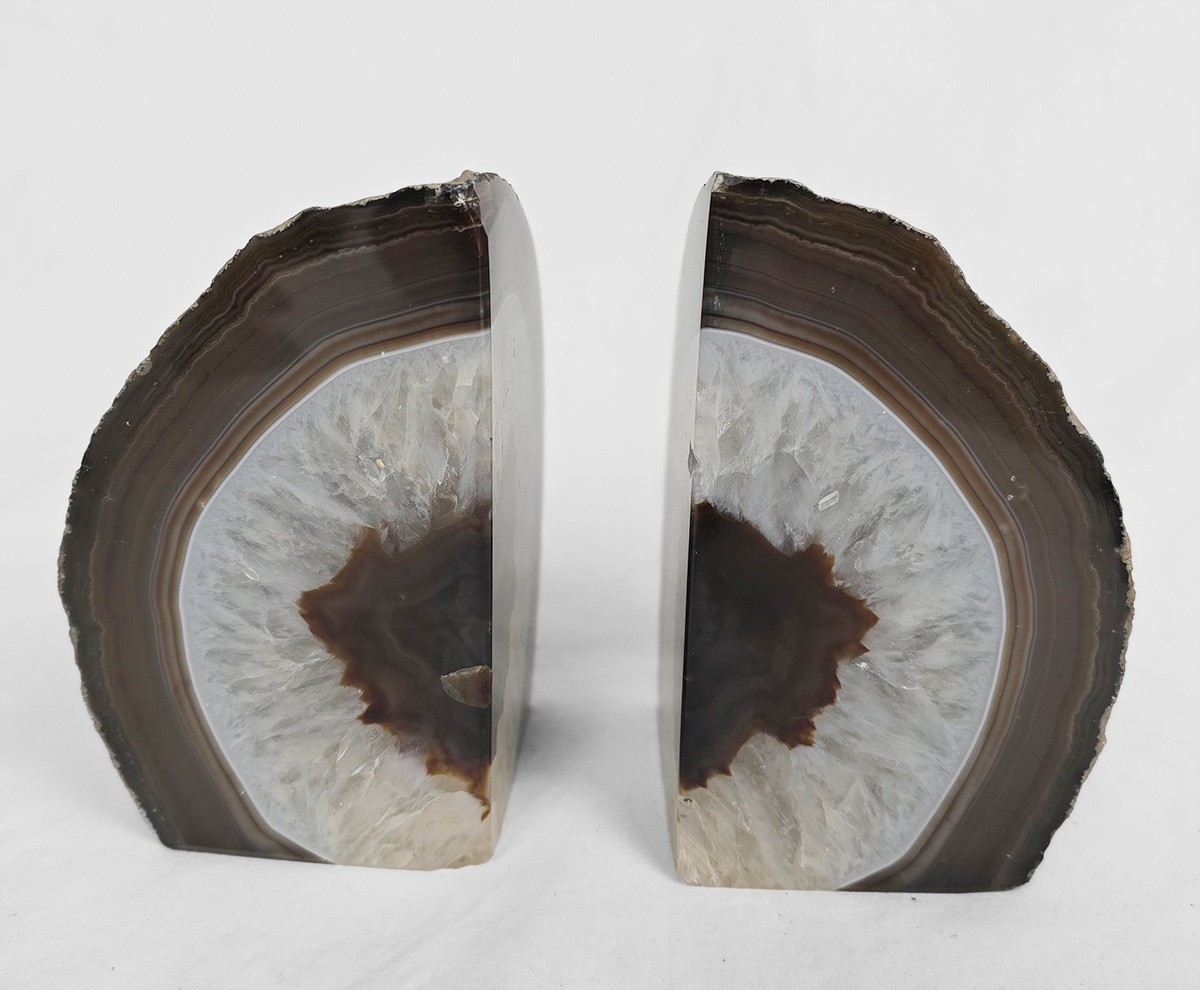 4.35″ tall 3.76 lbs Natural Agate Geode Bookends Pair Gray Brown Quartz Crystal