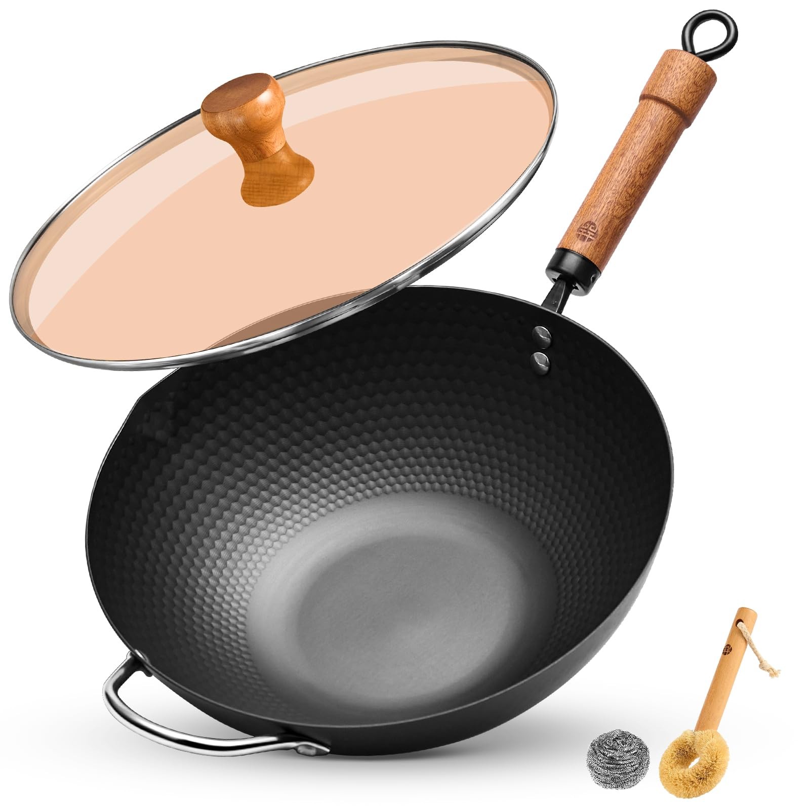 Carbon Steel Wok Pan, 12.6 Inch Flat Bottom Stir Fry Pan with Lid, Uncoated Heav
