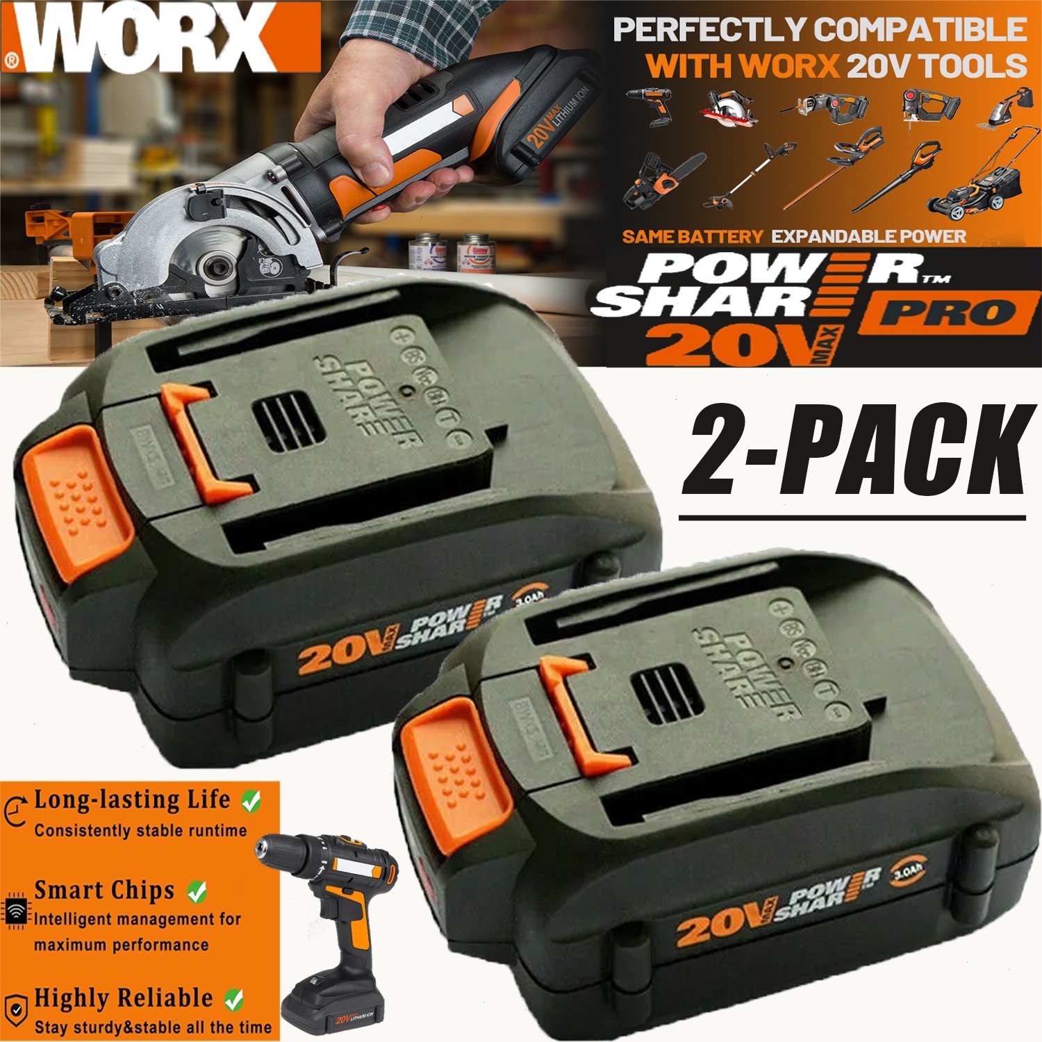 2/4pack For WORX 20V 8.0AH MAX Extend Lithium-Ion Battery WA3525 WA3575 WA3520