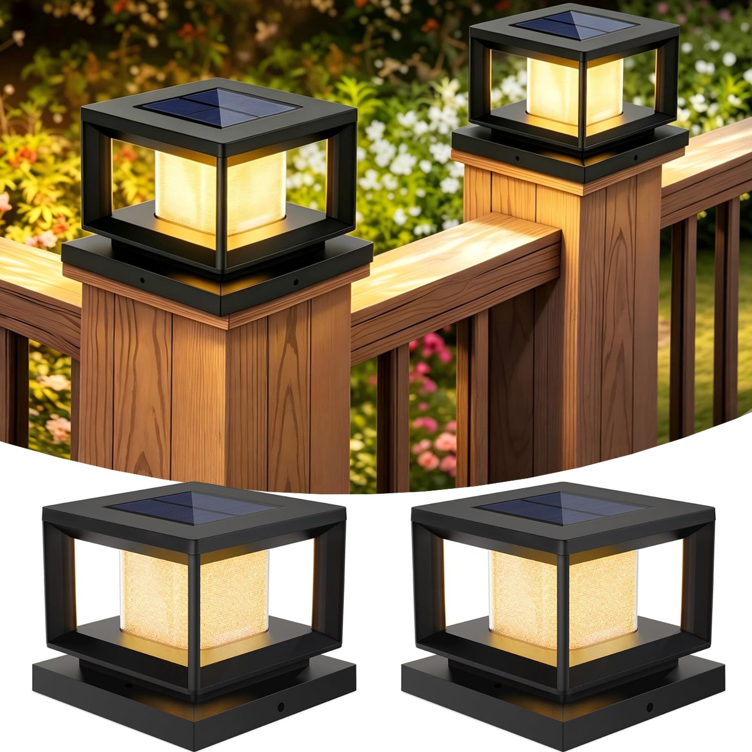 2 Pack LED Solar Post Lights Outdoor Deck Cap Fence Lamp 4×4 6×6 PVC Vinyl Wood