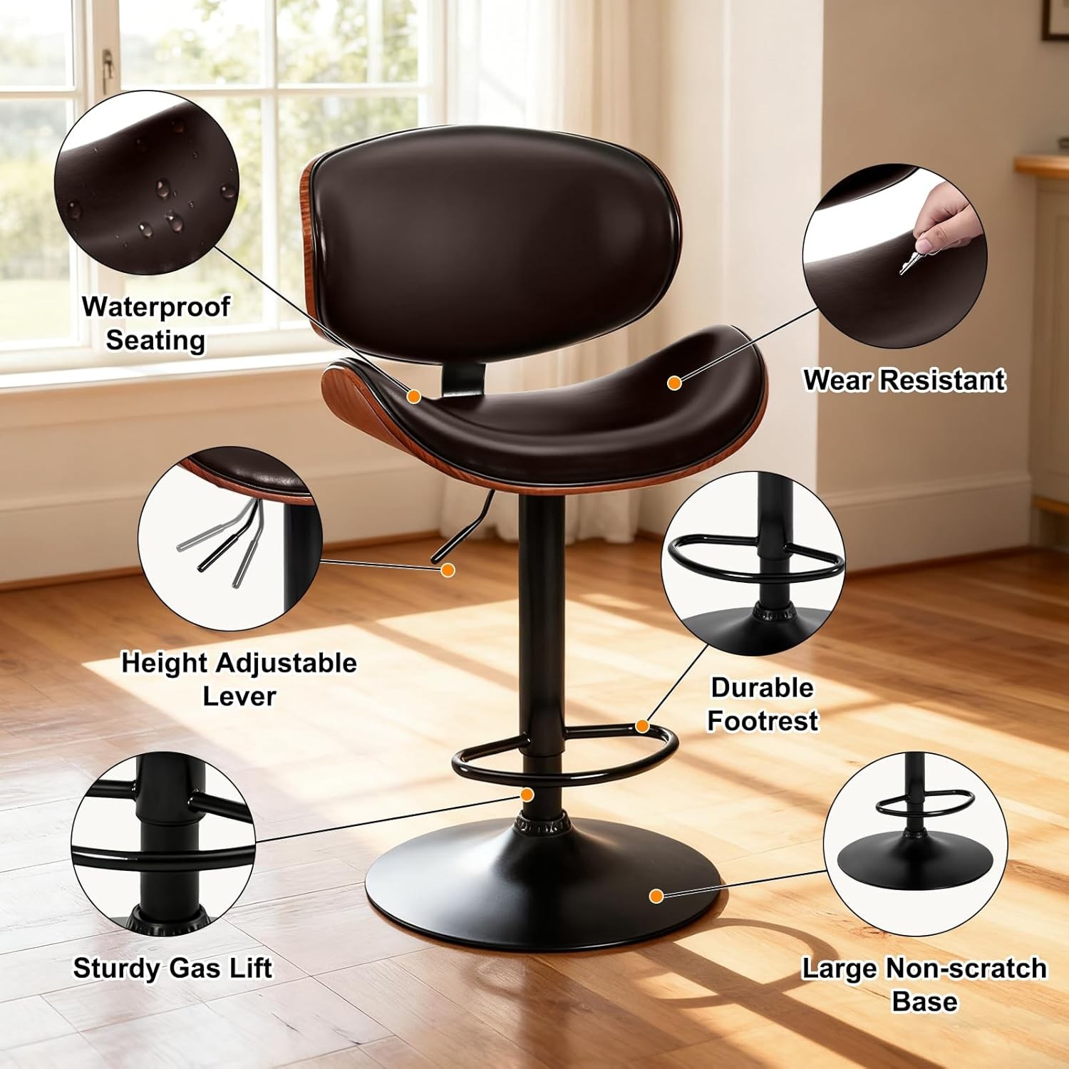 2Pcs Swivel Bar Stools,Adjustable Height,PU Leather Upholstery,w/Back&Footrest
