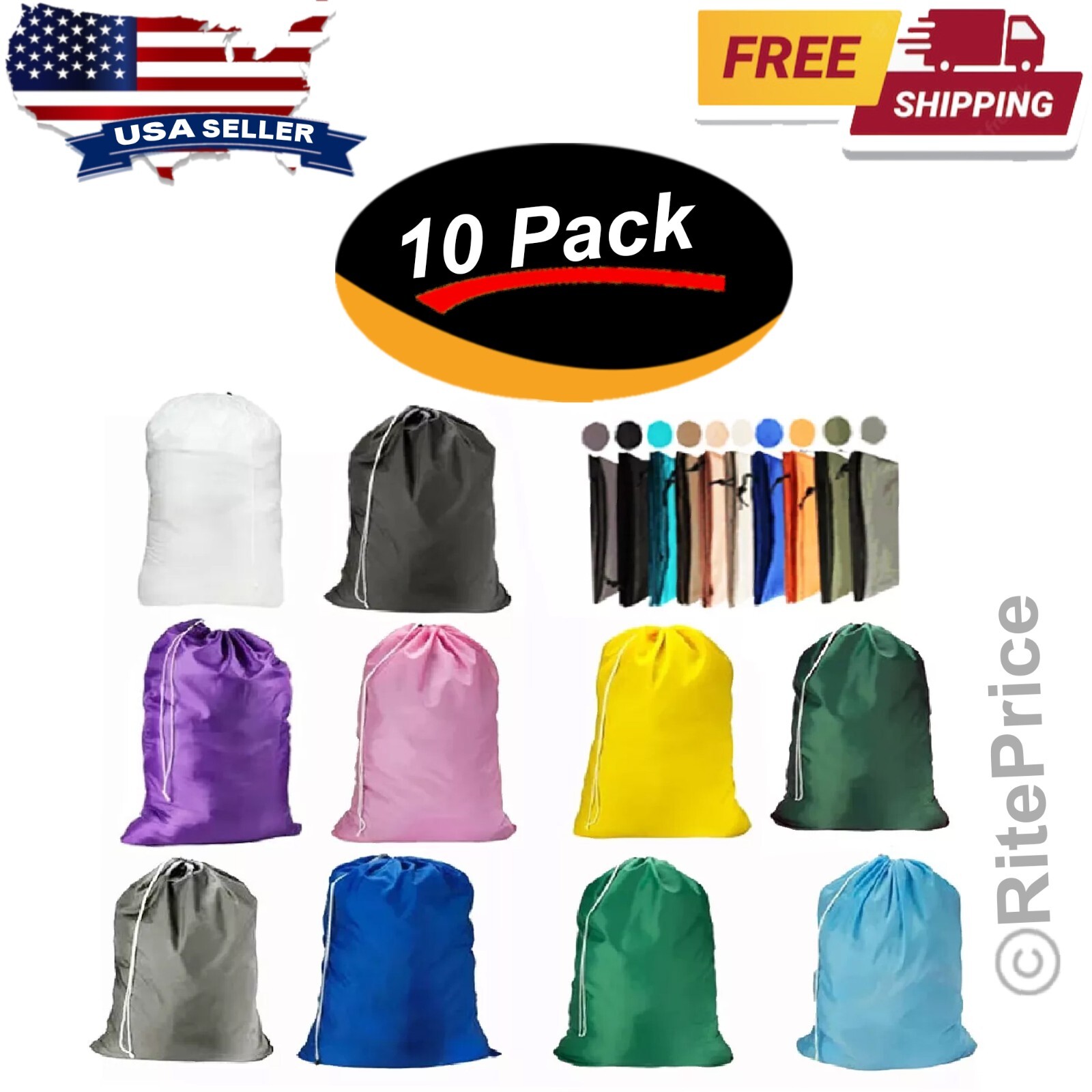 Large 29″X40″ Laundry Bag Heavy Duty Nylon With Drawstring Assorted (10 Pack)