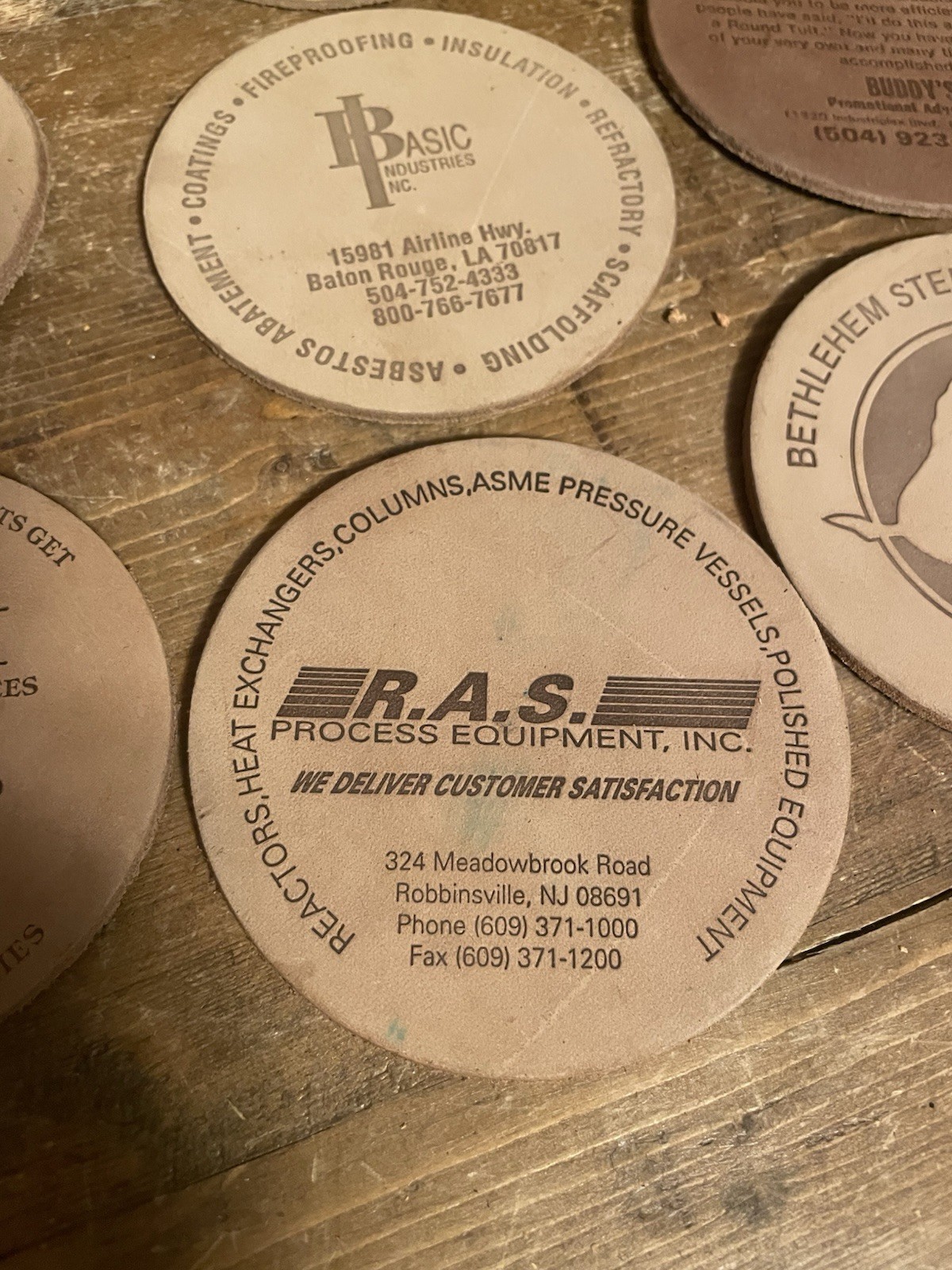 Rawhide Leather Drink Coasters Engraved with Company Advertisements