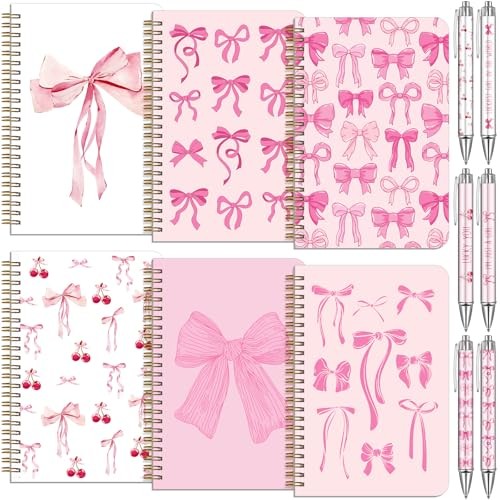 6 Pack A5 Pink Bow Spiral Notebooks Preppy 5.8 × 8.3 Inches Coquette Bow
