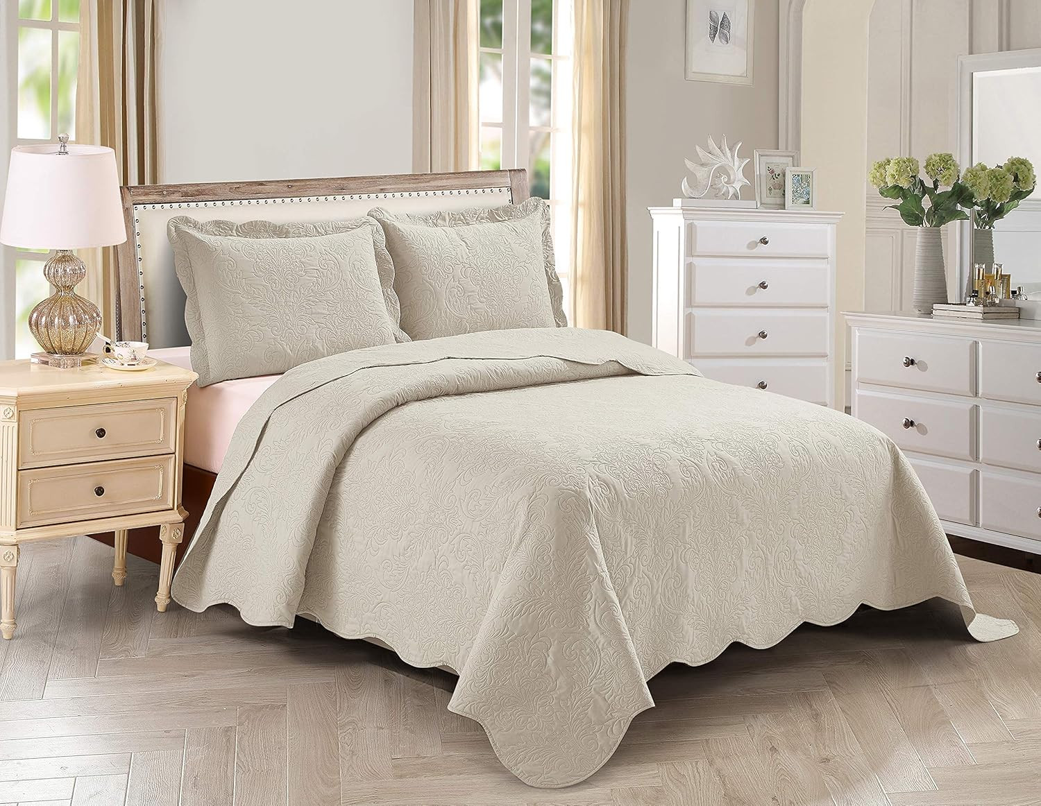 3Pc King/Cal King over Size Elegant Embossed Bedspread Set Light Weight Solid Be