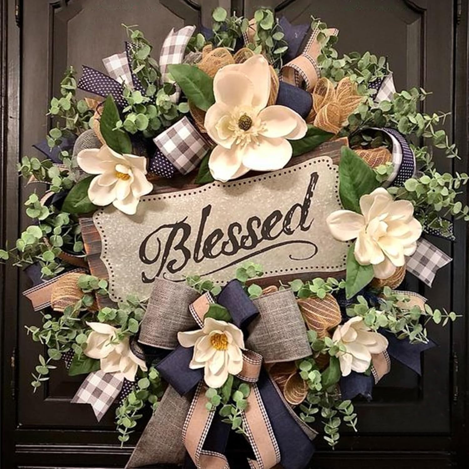 Spring Summer Wreath for Front Door,Farmhouse White Floral Porch Decoration,Fron