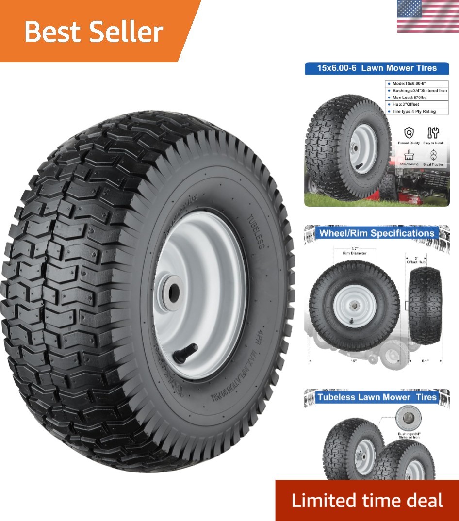15×6.00-6 4-Ply Tubeless Lawn Mower Tires, 570 Lbs Load Capacity