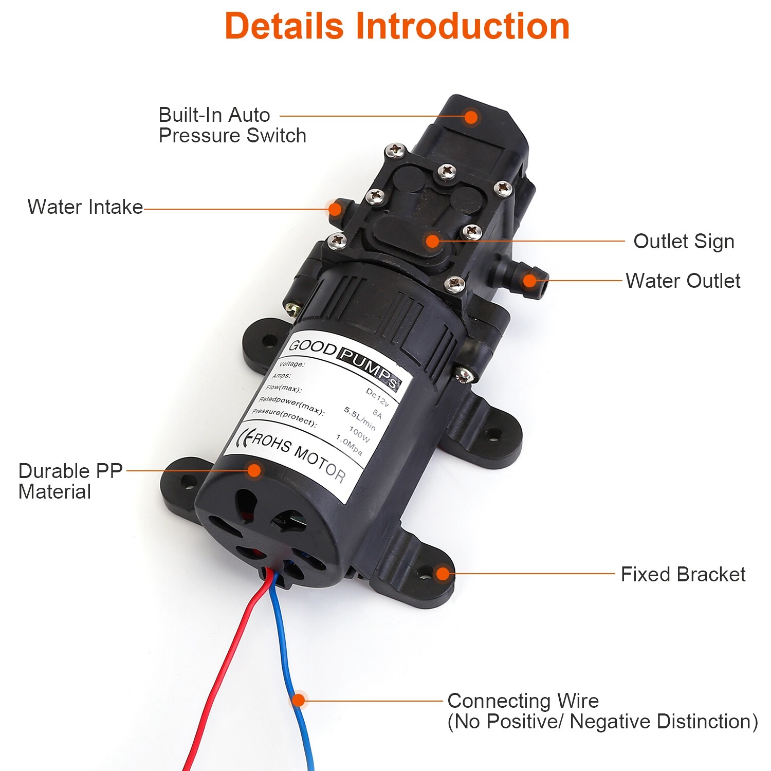 12V Self Priming Sprayer Pump Electric Diaphragm Water Pump with 2 Hose Clamps