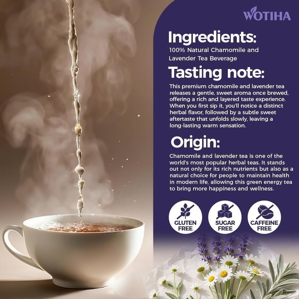WOTIHA 60 Count Premium Chamomile Lavender Tea Bags – 100% Pure Flowers, Soothin