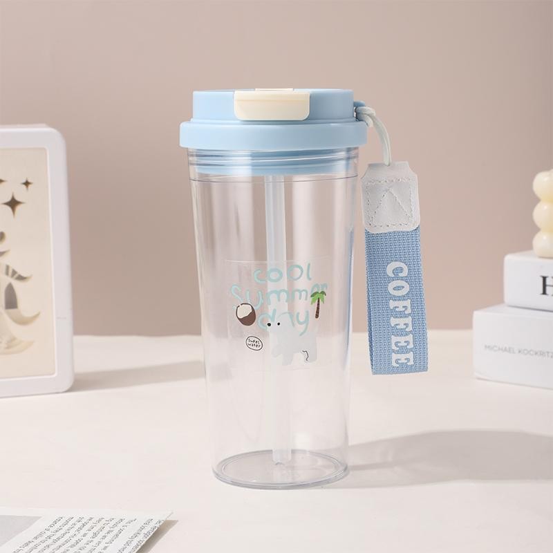 Cute Cherry 580Ml Student Double Straw Plastic Water Bottle Portable Straw Cup