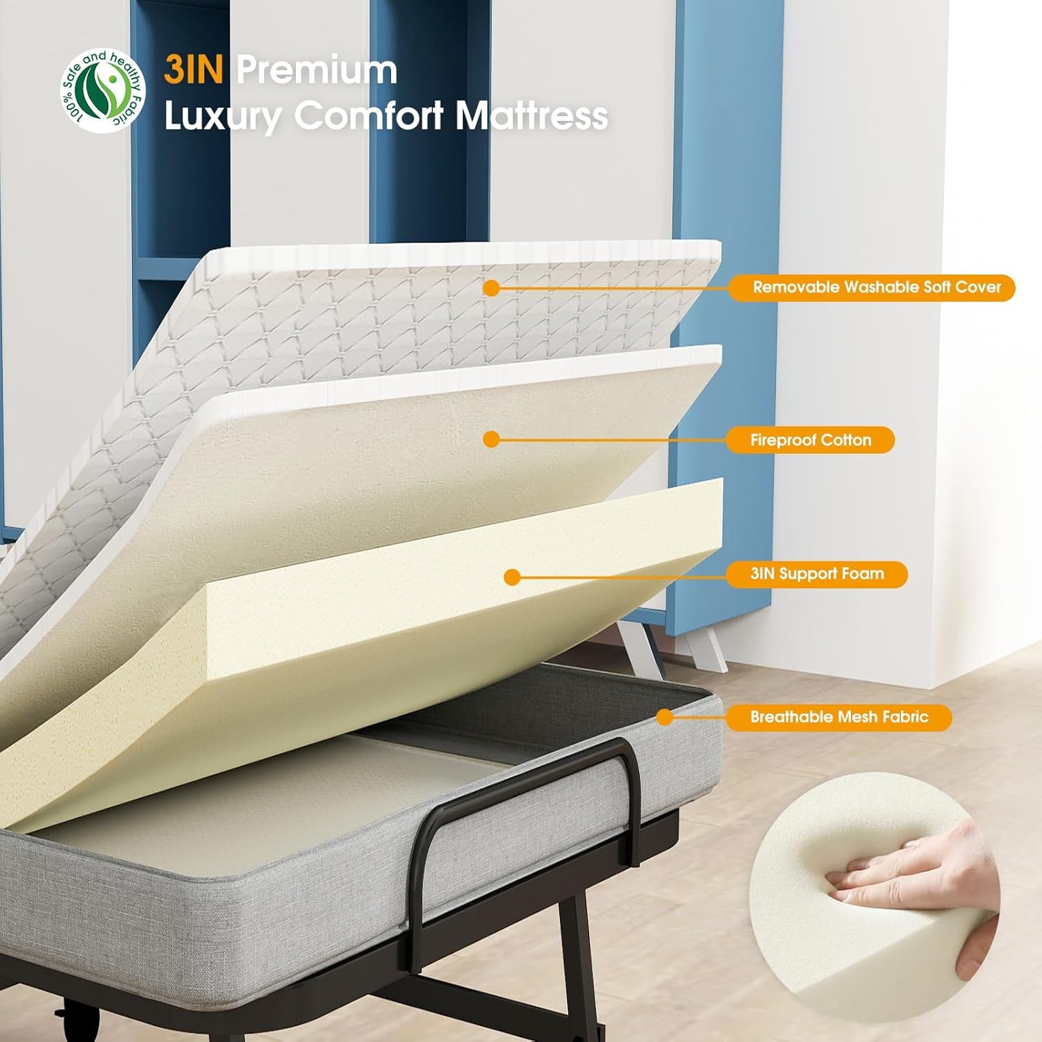 38Inch Rollaway Folding Bed& Thick Mattress with Detachable washable Cover Cot