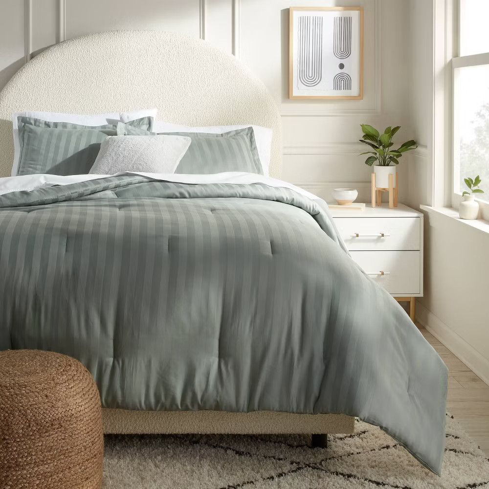 Threshold Cotton Damask Comforter Set Luxe Year-Round Fabric, Teal Green, King