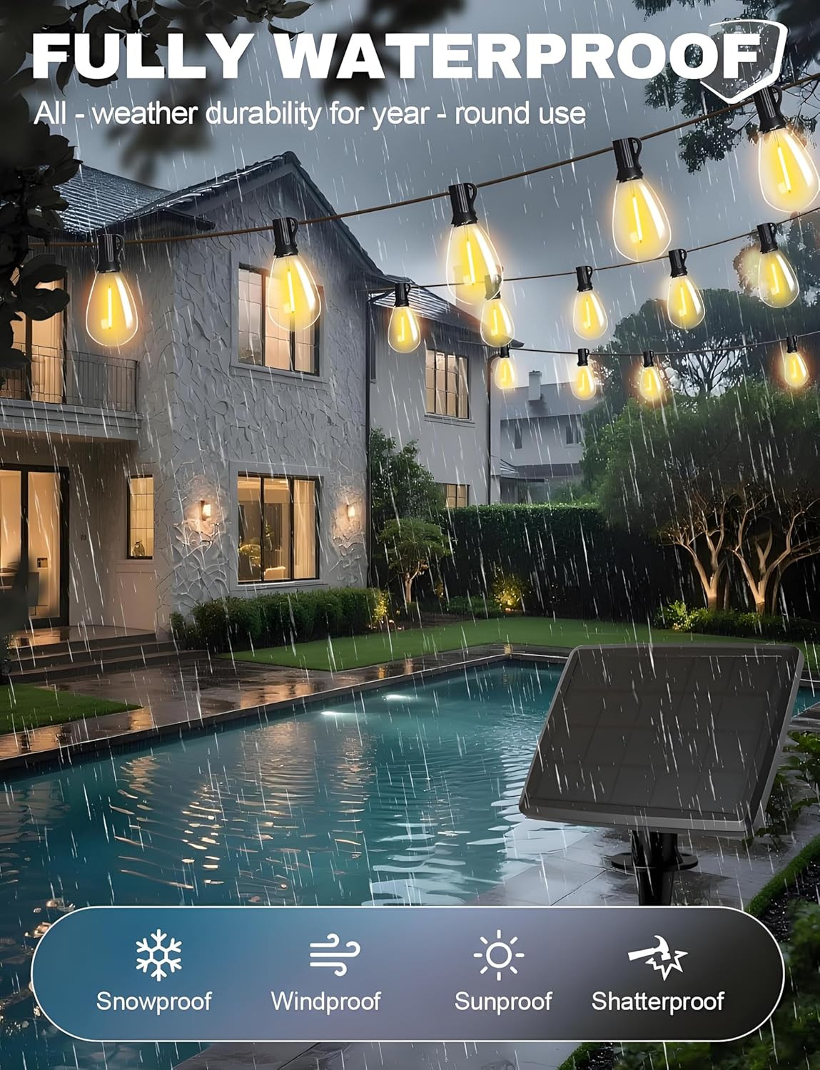 120FT Solar Outdoor String Lights with Remote and 32+2 LED Shatterproof Bulbs Di