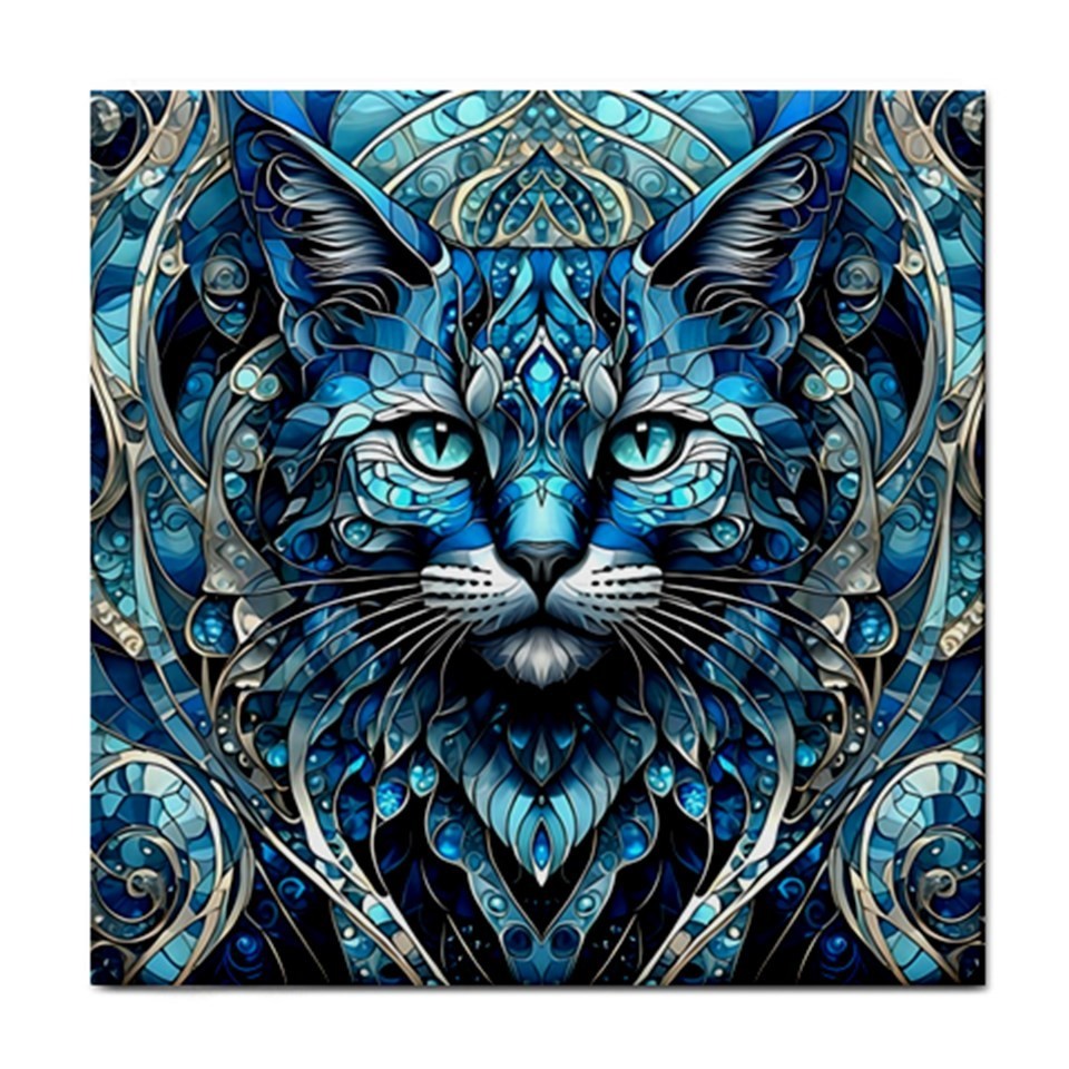 Ceramic Tile Blue Cat Stained Glass 4.25×4.25, 6×6 or 8×8 inches Printed in US