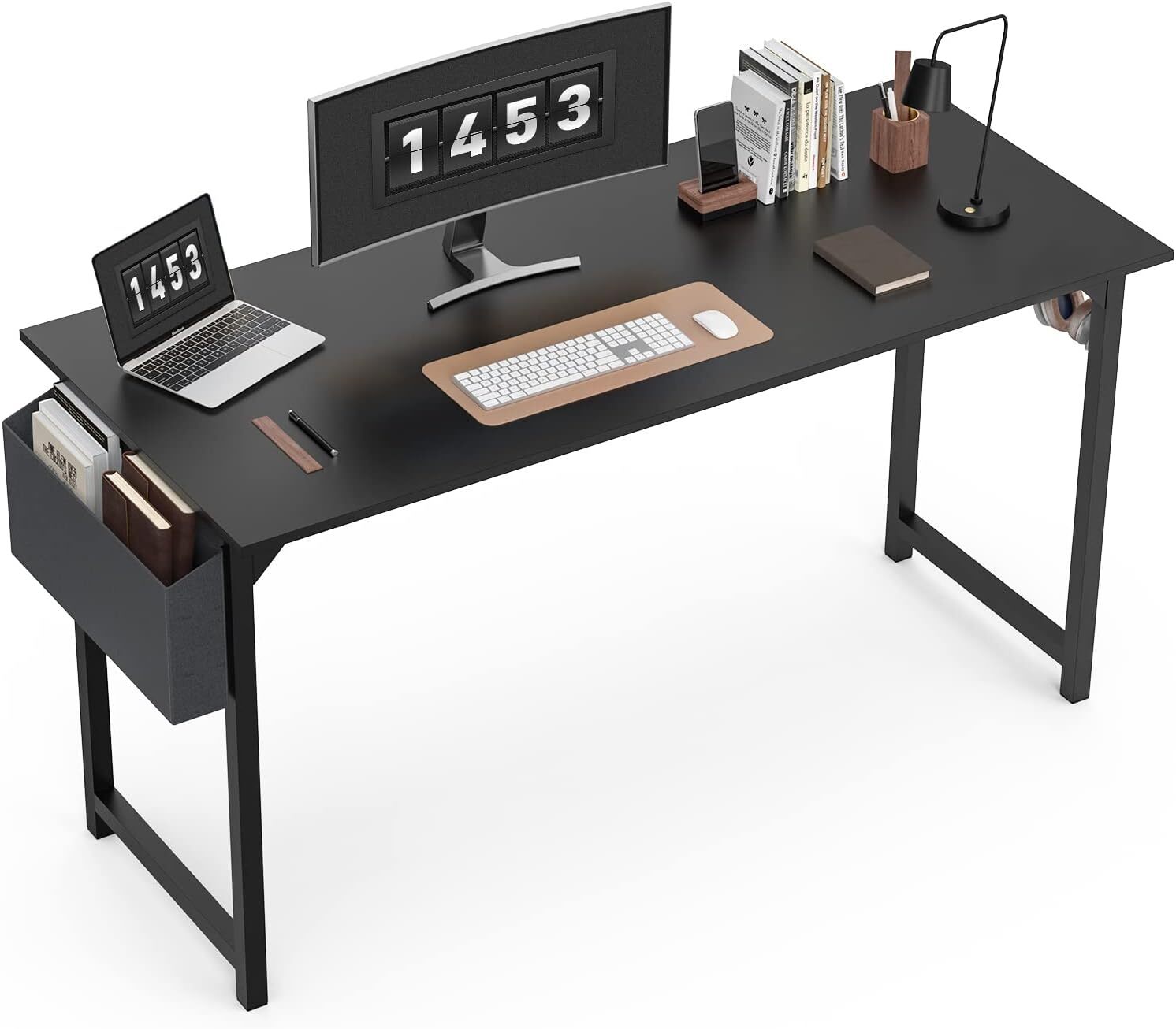55″ Black Computer Desk Home Office Wood Writing Study Desk with Storage Hooks