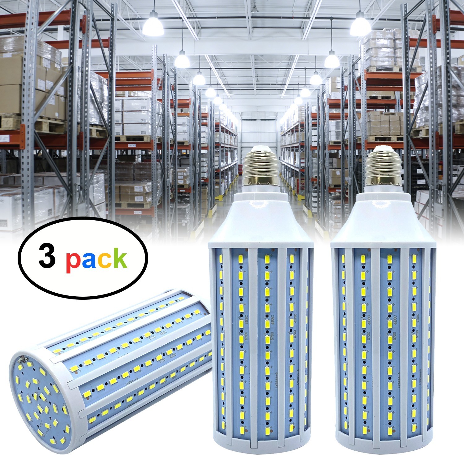 3 Pack E26 LED Corn Light Bulbs 50W 6000K 5000LM for Garage Warehouse Workshop