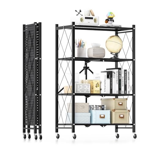 HEALSMART HEAVY DUTY 4-TIER FOLDABLE METAL RACK, 14.96″ D X 27.95″ W X – BLACK