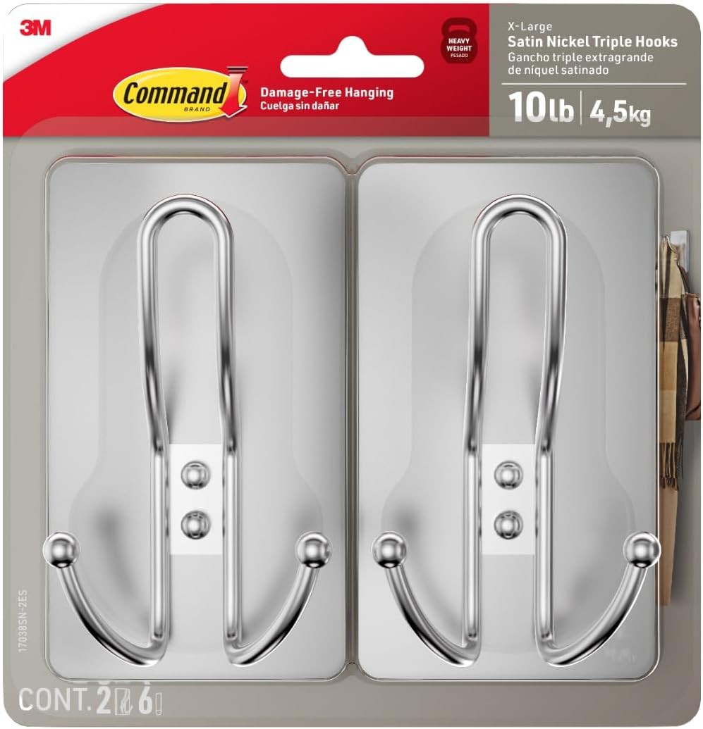 Command X-Large Satin Nickel Triple Hook, 2 Hooks, 6 Strips, Damage-Free Hanging