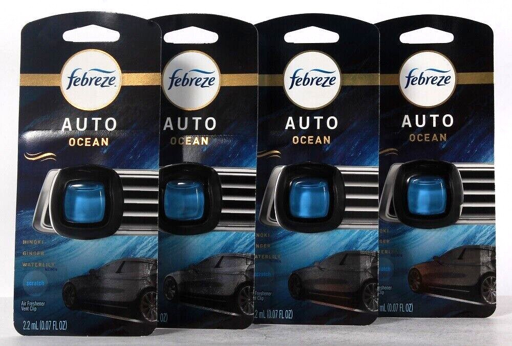 4 Ct Febreze Auto 0.07 Oz Ocean Hinoki Ginger Waterlily Air Freshener Vent Clips