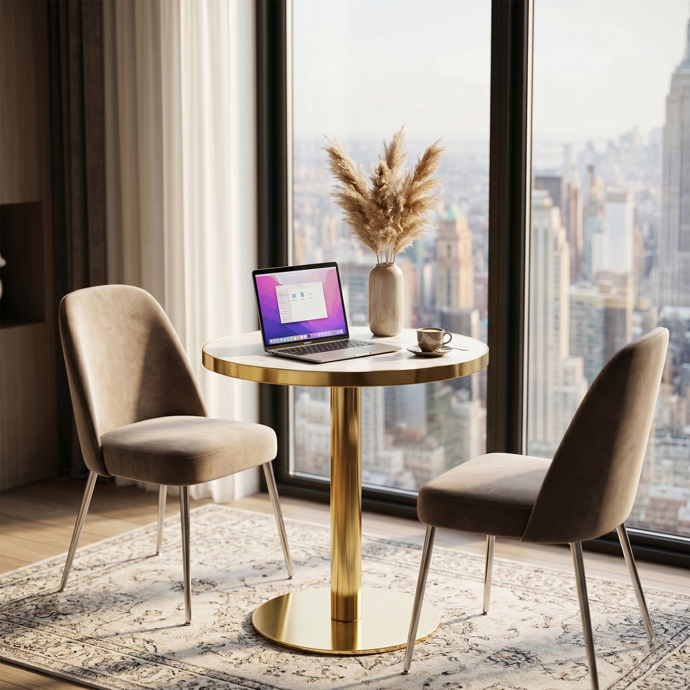 23.6″ Round MDF sprayed with UV paint countertop, whiye marble texture, gold