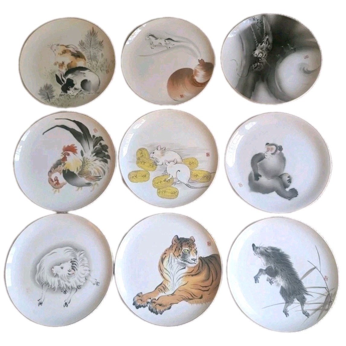 Fukagawa Seiji Japan Zodiac Porcelain Dinner Plates SET 9 Arita Yaki 10.25″