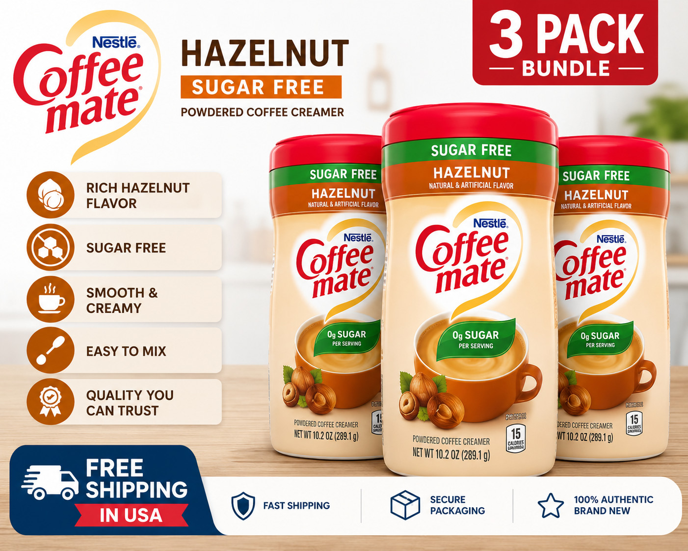 Nestle Coffee mate Sugar Free Hazelnut Powder Coffee Creamer, 10.2 oz, 3 Pack