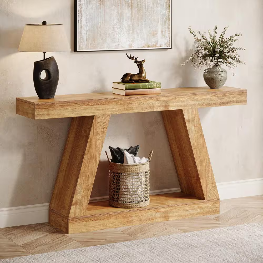 55.12 In. Natural Brown Rectangle Engineered Wood Console Table for Hallway, Liv