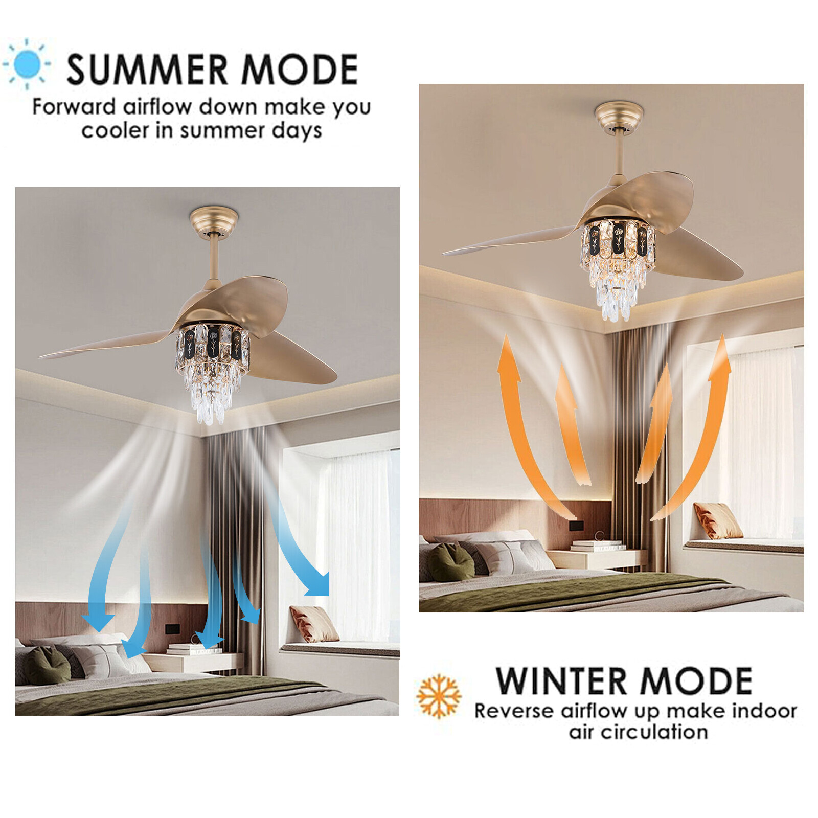48″ Crystal Ceiling Fan Light Remote Control Chandelier Retractable Fandelier