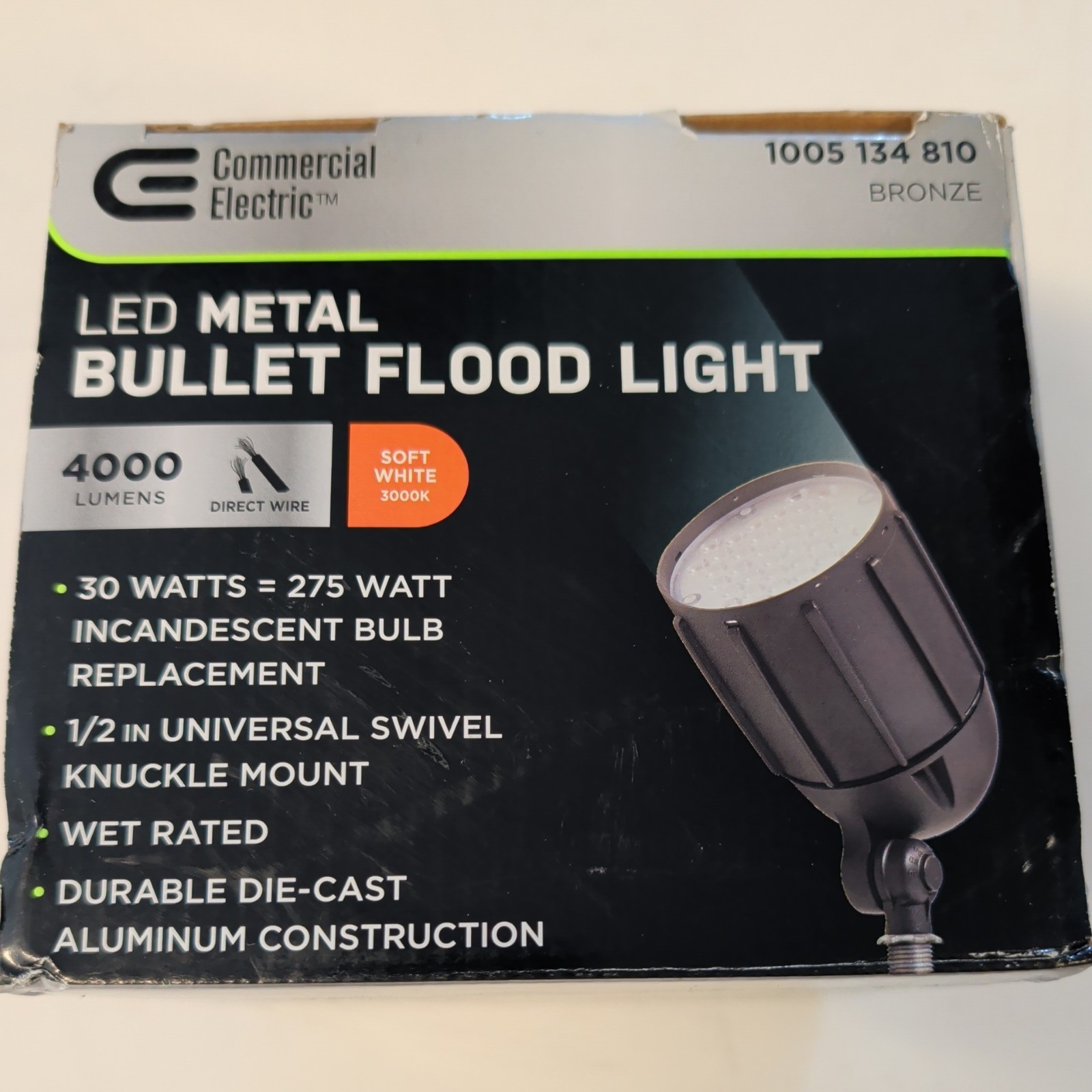 Commercial Electric LED Metal Bullet Flood Light 4000 Lumens 30W Bronze 3000K