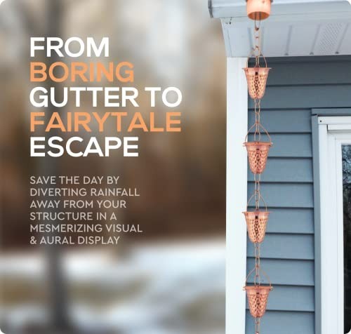 Decorative Copper Hammered Rain Chain – 6.5′ Chimes & Cups for Gutter Downspout,