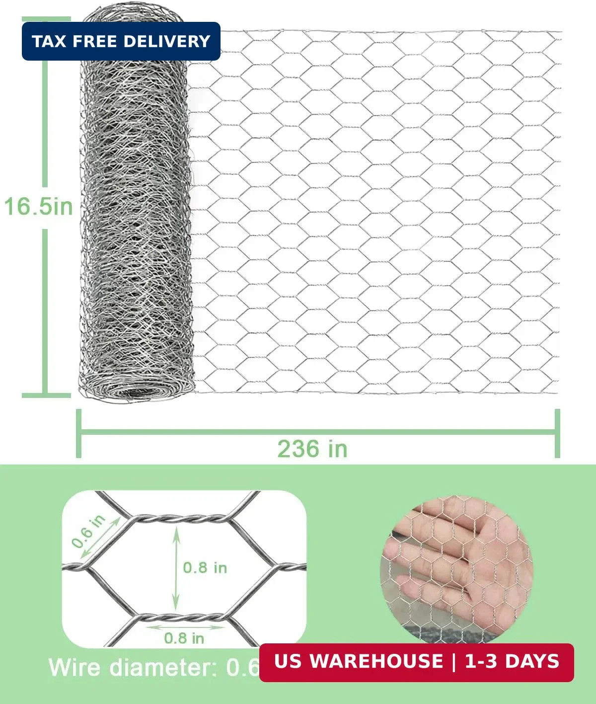 Galvanized Chicken Wire Mesh Roll 16.5″ x 236″, 0.8 Inch Hexagonal Poultry Netti