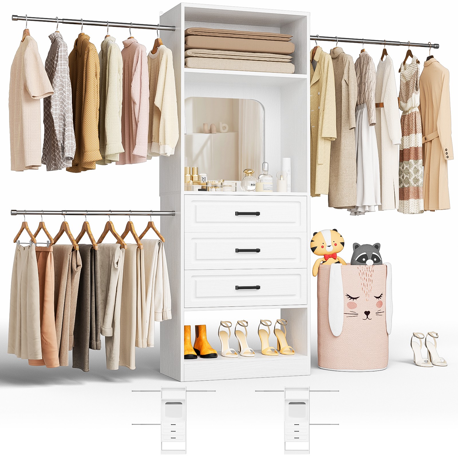 48”-96” Walk-in Closet Organizer System with Mirror ＆ Drawers ＆ 3 Hanging Rods