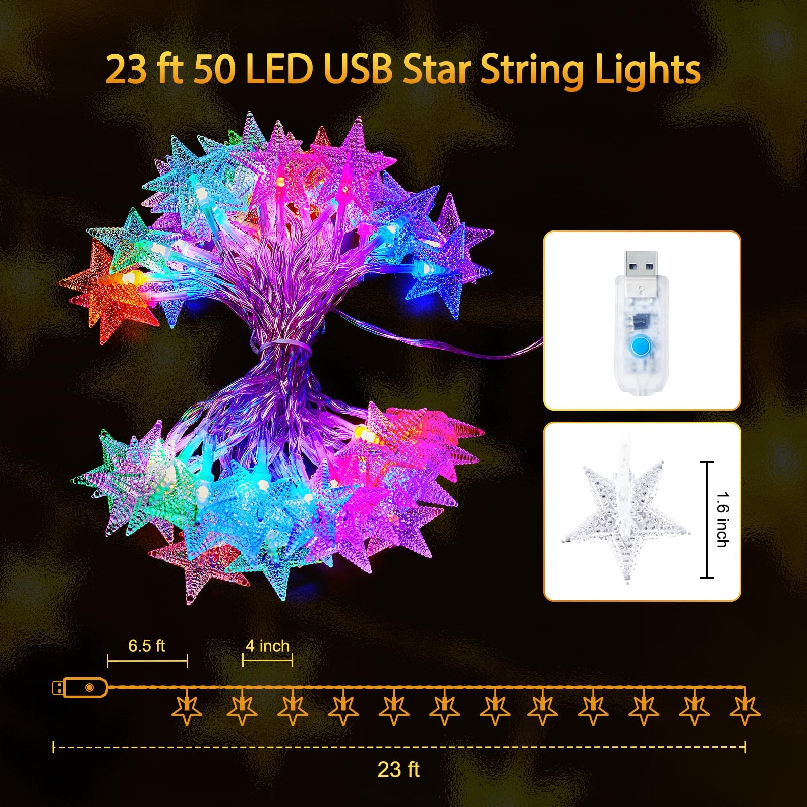 Minetom Color Changing Star String Lights – 23 ft 50 LED Ramadan 23 FT,