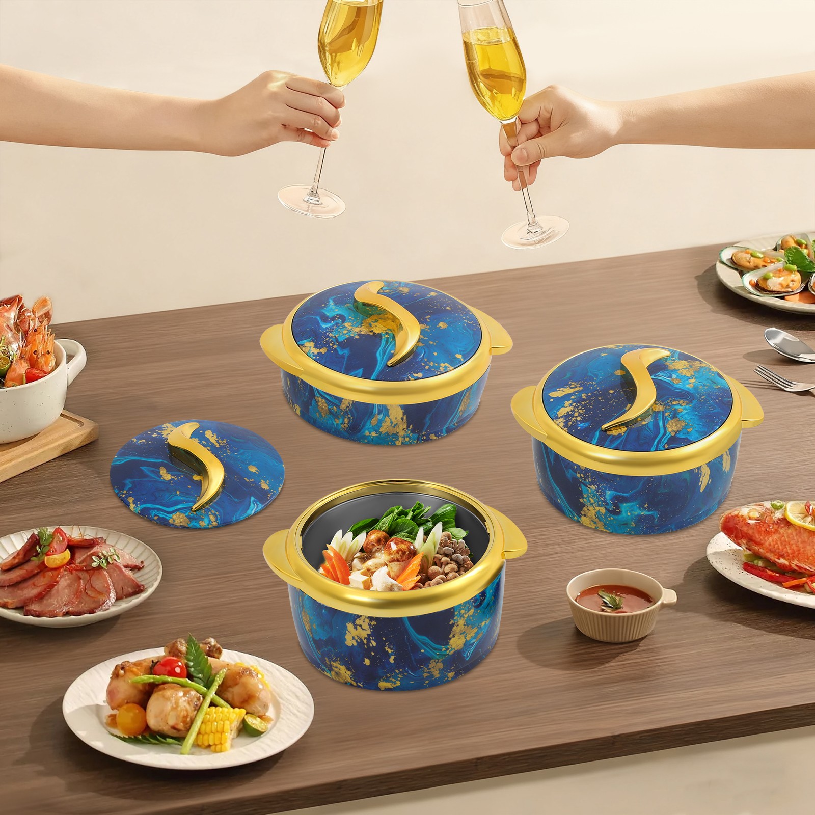 3PCS Food Container, 1.5L+2L+2.5L Thermal Dish Set, Insulated Container W/ 3*Lid