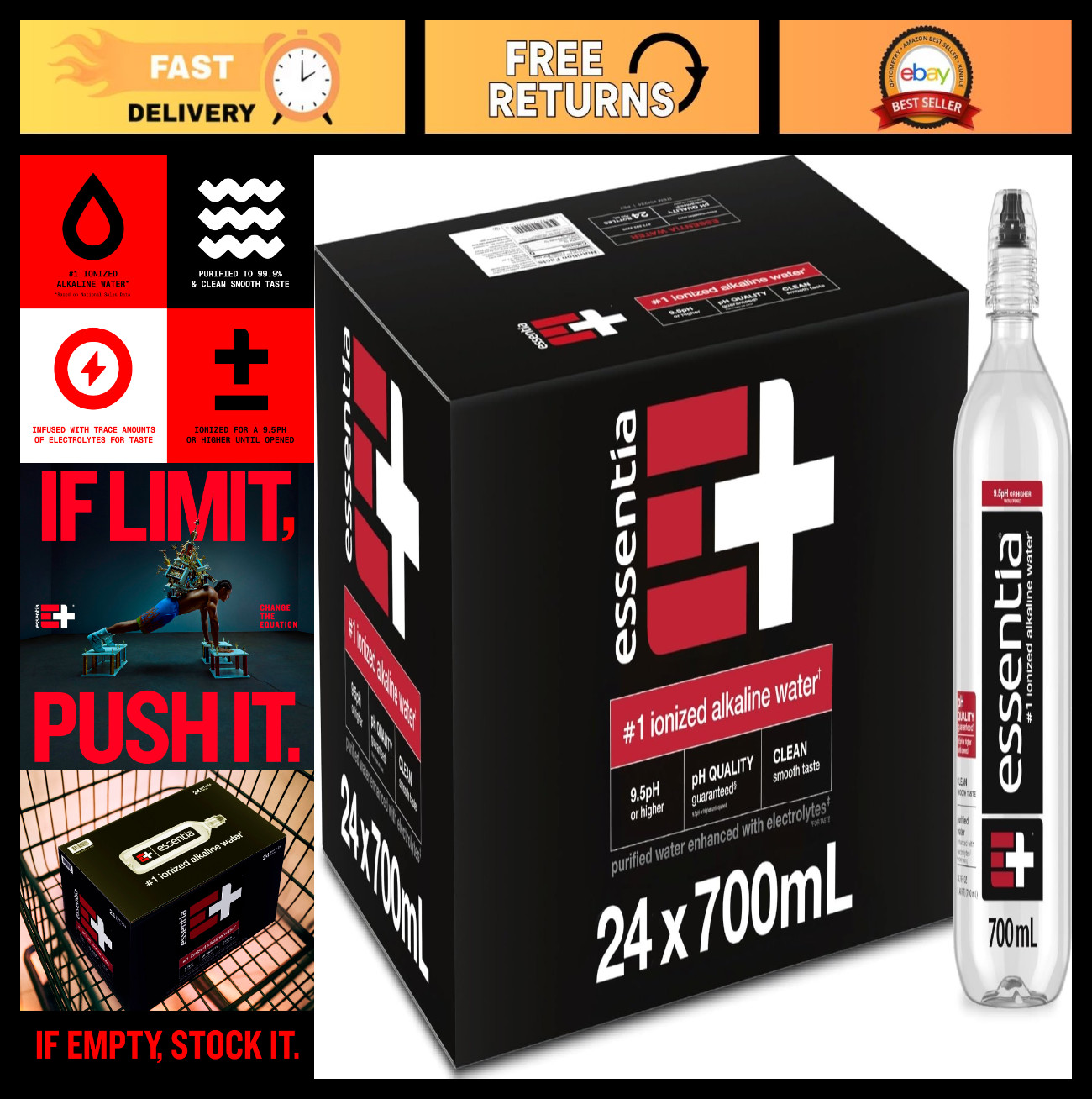 Ionized Alkaline Bottled Water – 99.9% Pure, Electrolyte Infused, 9.5 pH, 24 Pac