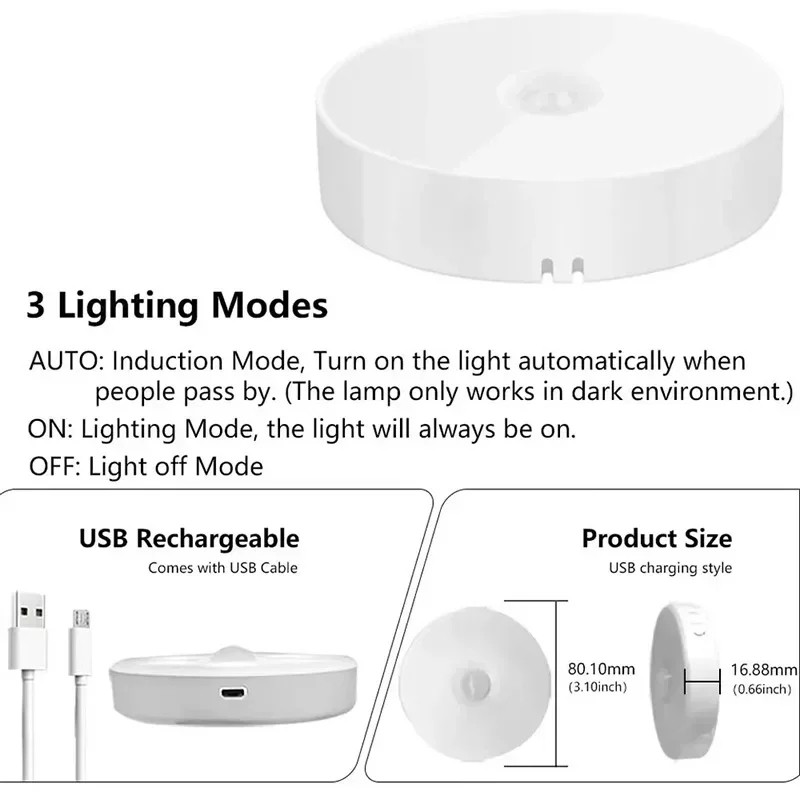 Led Motion Sensor Light USB Rechargeable PIR Wall Cabinet Stair Night Light Lamp