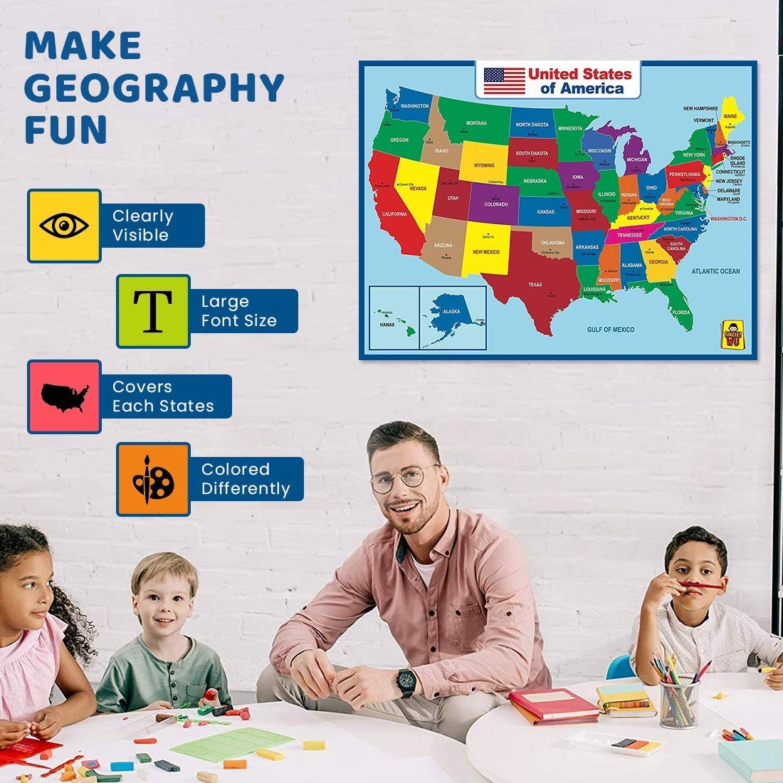 United State Map Laminated Poster -Double Side Educational Poster For Kids/Adult
