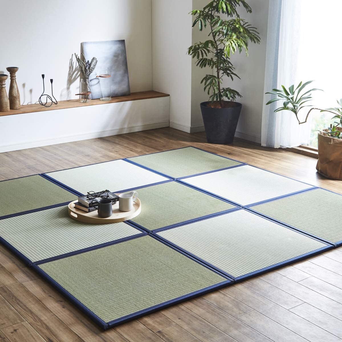 Tatami Mat Set Mattress Rug Carpet Kotatsu Japanese Rush Grass Navy 82x82x1.7cm